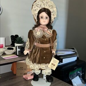 Vintage Porcelain Doll in Brown and Cream Dress